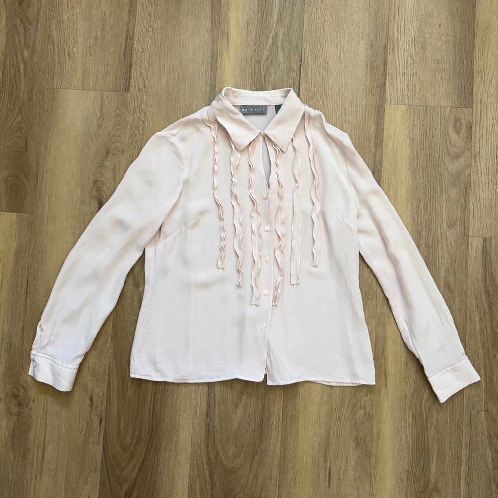 Kate Hill Pink 100% Silk Ruffle Front Button Down Blouse Long Sleeve 8 preppy